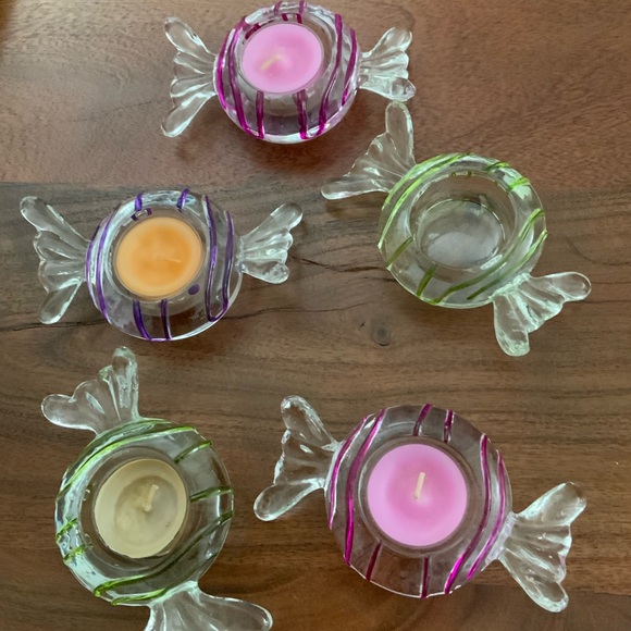 5 Partylite Jollyville Glass Tea Light Candle Holders Wrapped Candy Style/Drizzl - Picture 3 of 6